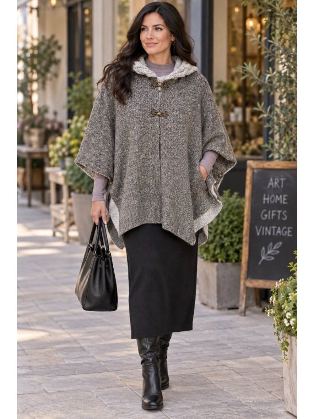 Aran Womens Tweed Poncho W/ Hood Size M/L Herringbone Merino Wool Sweater Lined